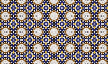 Bu resim, mavi, sarı ve kahverengi tonlarda tekrarlayan şekillerden oluşan renkli ve karmaşık bir geometrik desen içeriyor. Gıcır gıcır beyaz bir zemin üzerine kurulmuş ve güzel bir mozaik tasarım oluşturuyor..