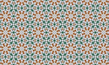 Renkli ve karmaşık geometrik desen, turuncu, yeşil ve beyaz şekilleri tekrar eden bir dizaynla, görsel olarak çekici ve dinamik bir görsel efekt yaratır..