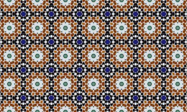 Bu görüntüde kahverengi, turuncu, mavi ve yeşil tonlarda karmaşık çiçek desenleri içeren çarpıcı bir geometrik desen sergiliyor, pürüzsüz ve görsel olarak çarpıcı bir mozaik yaratıyor..