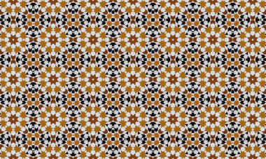 Siyah, beyaz ve turuncu şekillerin tekrarlayan dizaynını içeren canlı ve karmaşık bir geometrik desen görsel olarak çarpıcı ve uyumlu bir kompozisyon oluşturur..