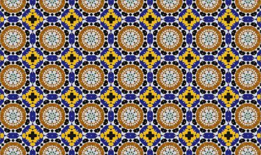 Bu resim, Fas fayanslarının klasik tarzını çağrıştıran, açık beyaz arka planda mavi, sarı ve kahverengi tonlarında tekrarlanan dairesel motiflerle çarpıcı bir geometrik desen içerir..