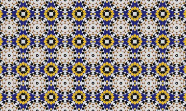 Sarı, mavi, siyah ve beyaz şekillerin tekrarlayan dizaynını içeren renkli ve karmaşık bir geometrik desen görsel olarak çarpıcı ve simetrik bir bileşim oluşturur..