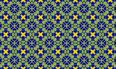 Bu resim, koyu mavi arkaplana karşı dizilmiş yeşil yaprakların ve sarı çiçeklerin renkli, tekrarlayan bir desenini gösteriyor, görsel olarak çarpıcı ve uyumlu bir tasarım yaratıyor..