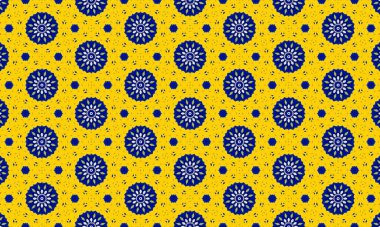Parlak sarı bir zemin üzerinde mavi ve beyaz çiçeklerin bulunduğu renkli ve karmaşık bir desen. Tekstil, duvar kağıdı ve dekoratif tasarımlarında kullanılmak için mükemmel..