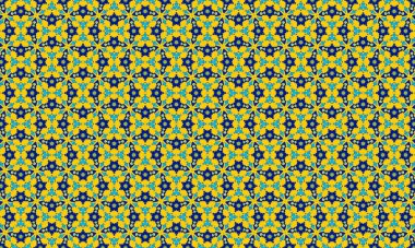 Parlak sarı bir zemin üzerinde mavi ve beyaz çiçeklerin bulunduğu renkli ve karmaşık bir desen. Tekstil, duvar kağıdı ve dekoratif tasarımlarında kullanılmak için mükemmel..