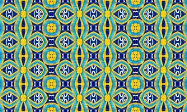 Parlak sarı bir zemin üzerinde mavi ve beyaz çiçeklerin bulunduğu renkli ve karmaşık bir desen. Tekstil, duvar kağıdı ve dekoratif tasarımlarında kullanılmak için mükemmel..