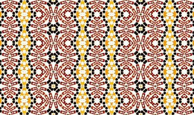 Kırmızı, sarı ve siyah şekilleri içeren renkli ve karmaşık bir geometrik desen beyaz arka planda tekrarlanan bir dizayn..