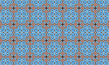 Mavi, kahverengi ve kırmızı tonlarda karmaşık çiçek desenleri içeren kusursuz, tekrarlayan desen, görsel olarak çarpıcı bir geometrik doku yaratıyor..