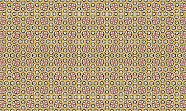 Sarı, kırmızı, beyaz ve siyah tonlarında çiçek motifleri içeren kusursuz ve çetrefilli bir geometrik desen görsel olarak çarpıcı ve kültürel olarak ilham verici bir tasarım yaratıyor..