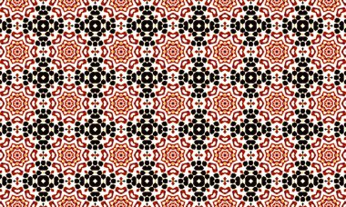 Beyaz zemin üzerinde kırmızı, siyah ve sarı renklerde simetrik şekiller içeren renkli, karmaşık bir desen, görsel olarak çekici bir geometrik tasarım yaratır..