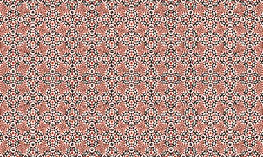 Tekrarlayan bir dizaynda karmaşık turuncu, siyah ve beyaz şekiller içeren kusursuz bir geometrik desen görsel olarak çarpıcı ve dinamik bir doku yaratır..