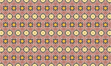 Sarı, kırmızı ve siyah renkli tekrarlayan şekiller içeren renkli ve karmaşık bir geometrik desen görsel olarak çarpıcı bir tasarım yaratıyor..