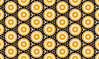 Beyaz aksanlı canlı turuncu ve siyah şekiller içeren görsel olarak çarpıcı bir geometrik desen, arka plan, tekstil ve daha fazlası için kusursuz bir tasarım yaratır..