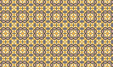 Geometrik düzende tekrarlayan sarı, mavi, kırmızı ve siyah şekilleri içeren renkli ve karmaşık bir mozaik desen..