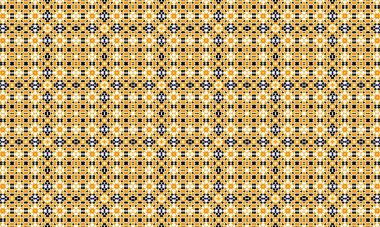 Tekrarlayan dizaynda sarı, siyah ve beyaz şekiller içeren renkli ve karmaşık bir geometrik desen, tekstil, duvar kağıdı ve dekoratif elementlerde kullanmak için idealdir..