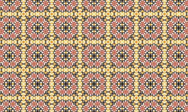 Siyah, sarı, kırmızı ve beyaz şekilleri kusursuz mozaik benzeri bir düzende tekrarlayan bir dizayn içeren canlı ve karmaşık bir geometrik desen..
