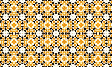 Renkli ve karmaşık geometrik desen turuncu, siyah ve beyaz renkli simetrik şekillerin yinelenen bir tasarımını içerir, görsel olarak çarpıcı ve yapışkan bir görsel efekt yaratır..