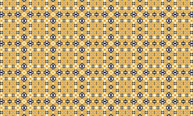 Sarı, mavi ve beyaz tonlarında karmaşık tasarım elementleri içeren, simetrik şekilli ve tekrarlayan motiflerle görsel olarak çarpıcı bir geometrik desen..