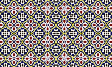 Kırmızı, sarı, mavi ve beyaz renkli tekrarlayan şekiller içeren renkli ve karmaşık bir geometrik desen görsel olarak çarpıcı bir tasarım yaratıyor..