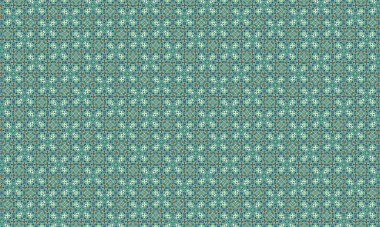 Renkli ve detaylı bir mozaik desen. Turkuaz, yeşil ve turuncu renkler, tekrarlanan çiçek ve geometrik tasarımlar.