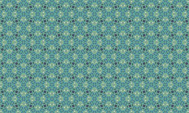 Karmaşık mavi, yeşil ve beyaz şekilleri içeren renkli ve detaylı bir geometrik desen simetrik bir dizayn yaratarak görsel olarak çekici ve karmaşık bir mozaik oluşturur..