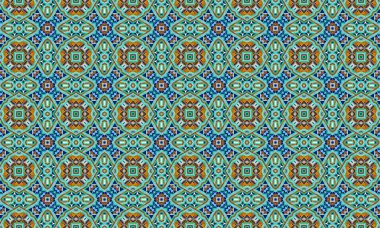 Mavi, turuncu ve turkuaz tonlarında birbirine bağlı şekillerin kusursuz bir tekrarı içeren renkli ve karmaşık bir geometrik desen, Aztek tasarımlarını anımsatıyor..