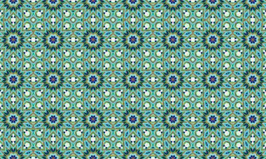 Fas sanat ve tasarımından esinlenen mavi, yeşil ve beyaz şekilli renkli ve karmaşık bir geometrik desen, tekrarlanan motifler ve simetrik bileşimlerden esinlenilmiştir..