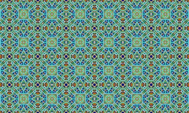 Mavi, yeşil ve turuncu tonlarda simetrik şekiller içeren renkli ve karmaşık bir geometrik desen görsel olarak çekici bir tasarım yaratıyor..