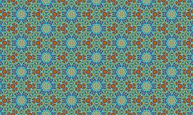 Mavi, yeşil, turuncu ve beyaz tonlarında birbirine bağlı şekiller içeren renkli ve karmaşık bir geometrik desen görsel olarak çarpıcı ve simetrik bir tasarım oluşturur..