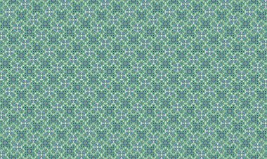 Karmaşık tasarımlar, simetrik şekiller ve yeşil ve mavi tonlarında tekrarlayan motifler içeren kusursuz ve renkli bir geometrik desen..
