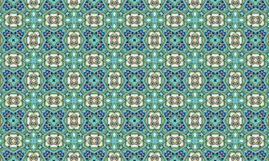 Mavi, yeşil ve bej şekilli renkli ve karmaşık bir geometrik desen. Simetrik ve tekrarlayan bir dizayn. Fas kiremitleri ve tekstil..