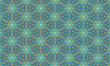 Mavi, yeşil ve altın tonlarında geometrik şekiller içeren renkli ve karmaşık bir mozaik desen, görsel olarak çarpıcı bir tasarım yaratmak için kusursuz bir şekilde tekrarlandı..