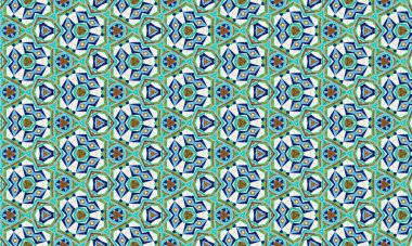 Mavi, yeşil ve kahverengi şekilleri içeren renkli ve karmaşık bir geometrik desen beyaz arkaplan üzerinde tekrarlayan bir dizayn, tekstil ve dekor için mükemmel