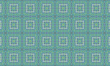Renkli ve detaylı bir geometrik desen mavi, yeşil ve beyaz renkler, karmaşık tasarımlar ve tekrarlanan dizilimler ile.