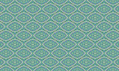 Mavi, yeşil ve beyaz tonlarında simetrik şekiller içeren renkli ve karmaşık bir geometrik desen, süslü detaylar ve tekrarlanan motifler.