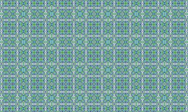 Renkli ve detaylı bir geometrik desen, yeşil, mavi ve beyaz renklerle, karmaşık şekiller ve tasarımlarla birlikte pürüzsüz bir şekilde fayans oluşturur..