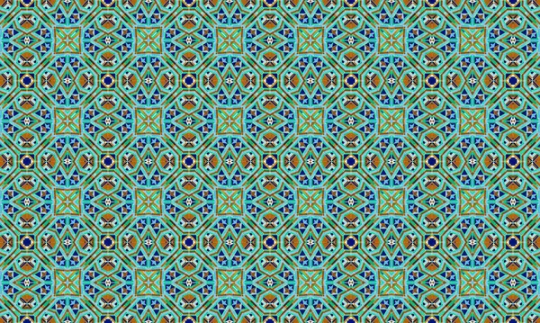 Mavi, yeşil ve turuncu tonlarda simetrik şekiller içeren renkli ve karmaşık bir geometrik desen görsel olarak çekici bir tasarım yaratıyor..