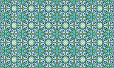 Mavi, yeşil ve beyaz tonlarında simetrik şekiller içeren renkli ve karmaşık bir geometrik desen görsel olarak çekici bir tasarım yaratıyor..