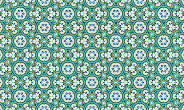 Simetrik bir dizaynda mavi, yeşil ve beyaz şekilleri içeren renkli ve karmaşık bir geometrik desen görsel ve dinamik bir görsel efekt yaratır..