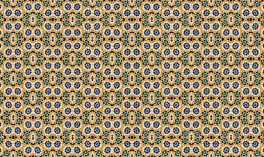 Renkli ve detaylı mozaik motifler tekrarlanan çiçek motifleri ve geometrik şekiller sarı, mavi, yeşil ve siyah renkleri uyumlu bir düzende.