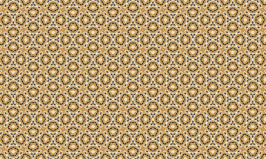 Tekrarlayan sarı, siyah ve beyaz renklerde karmaşık altıgen şekiller içeren kusursuz bir geometrik desen görsel olarak çarpıcı ve yapışkan bir doku yaratır..