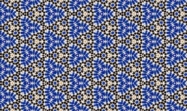 Beyaz arka planda mavi ve siyah şekilli renkli ve karmaşık bir çiçek deseni, görsel olarak çekici bir geometrik tasarım elementi yaratıyor..