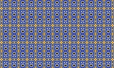 Beyaz arka planda mavi, sarı ve siyah şekiller içeren renkli ve karmaşık bir çiçek deseni, görsel olarak çekici, pürüzsüz bir tasarım yaratıyor..