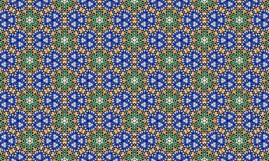 Mavi, yeşil, turuncu ve beyaz karoların yer aldığı renkli ve karmaşık mozaik desenler tekrar eden bir çiçek deseni, geleneksel Fas sanatını anımsatıyor..