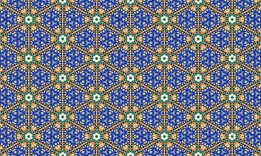Mavi, yeşil ve turuncu tonlarda tekrarlayan geometrik şekiller içeren renkli bir mozaik desen görsel olarak çarpıcı ve karmaşık bir tasarım yaratıyor..