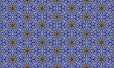 Tekrarlayan bir arka planda mavi, beyaz ve sarı çiçekleri içeren renkli ve karmaşık bir desen görsel olarak çekici bir tasarım oluşturur..