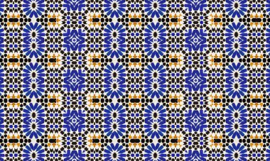 Beyaz zemin üzerinde mavi, siyah ve turuncu şekiller içeren renkli ve karmaşık bir geometrik desen, kusursuz ve görsel olarak çekici bir tasarım yaratır..