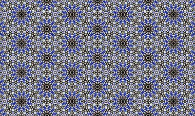 Mavi, siyah ve beyaz geometrik şekillerin ve çiçek motiflerinin tekrarlanan bir dizaynını içeren görsel olarak çarpıcı bir mozaik desen kusursuz ve karmaşık bir görsel efekt yaratır..
