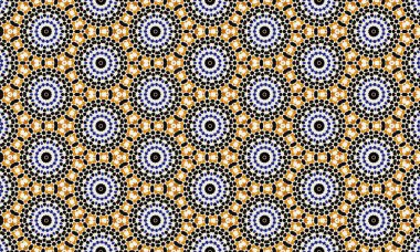 Siyah, beyaz, mavi ve turuncu renklerin yinelenen dizaynında eşmerkezli daireler ve geometrik şekiller içeren renkli ve karmaşık bir mozaik desen..