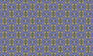 Siyah arka planda mavi, yeşil ve sarı çiçekli renkli mozaik desenler geleneksel Fas esinlenilmiş sanat tarzını sergiliyor..